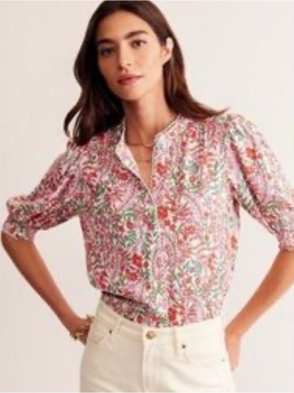 Boden Floral Button-Front Puff Sleeve Top in White, Pink & Green